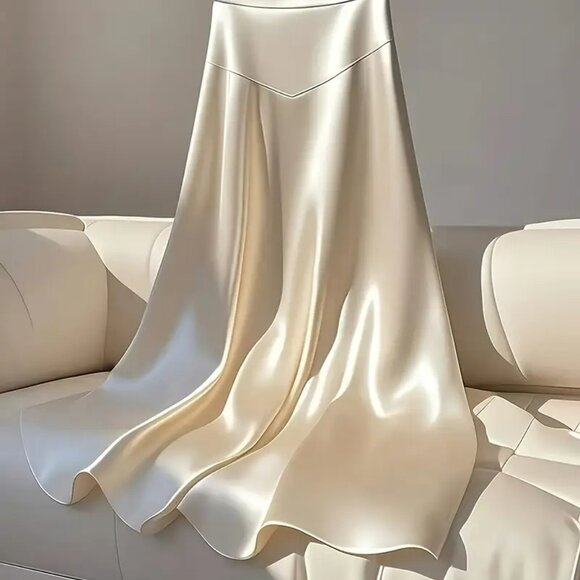 NEW! HIGH WAIST IVORY SATIN MAXI SKIRT SZ L - Picture 1 of 5